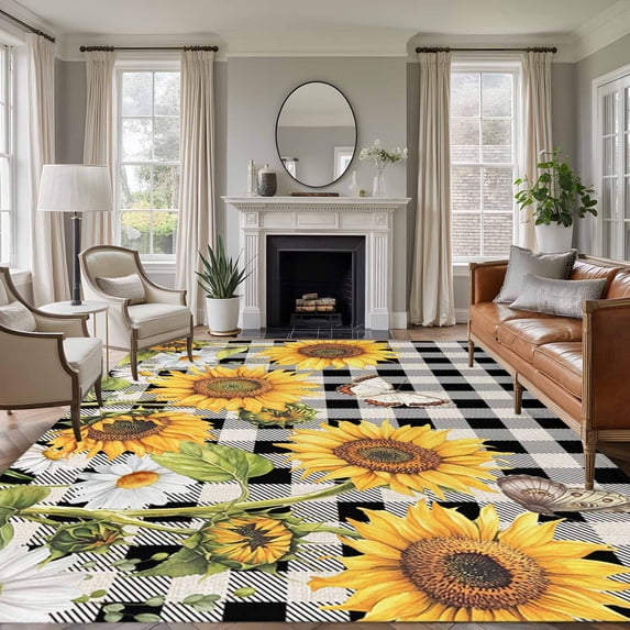 5'x8' Area Rugs, Sunflowers Indoor Outdoor Area Rug for Living Room Bedroom, Yellow Flowers Butterfly Farmhouse Black Plaid Washable Bathroom Rugs Kitchen Floor Carpet Mats Home Decor Aesthetic