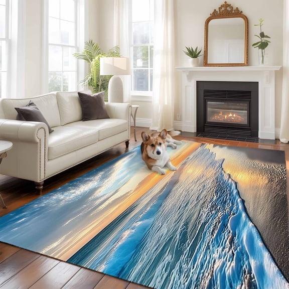 5'x8' Area Rugs, Sunset Beach Indoor Outdoor Area Rug for Living Room Bedroom, Spray Ocean Waves Sky Nature Scenery Washable Bathroom Rugs Kitchen Floor Carpet Mats Home Decor Aesthetic