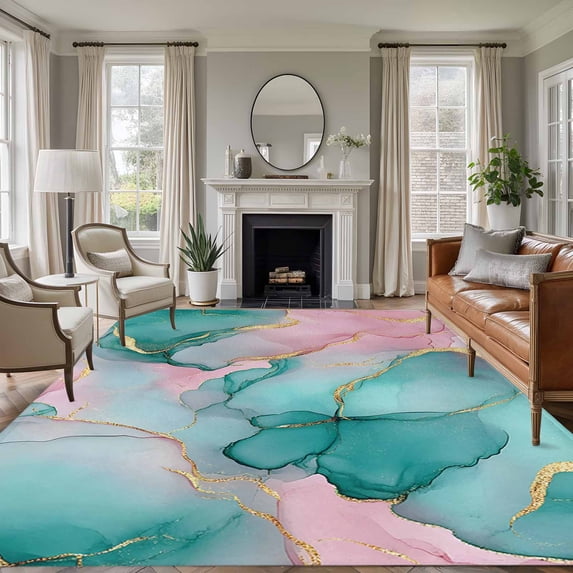 5'x8' Area Rugs, Teal Pink Marble Indoor Outdoor Area Rug for Living Room Bedroom, Abstract Luxury Ink Painting Modern Washable Bathroom Rugs Kitchen Floor Carpet Mats Home Decor Aesthetic