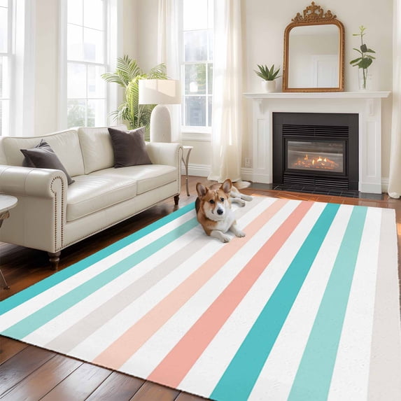 5'x8' Area Rugs, Teal Pink Striped Indoor Outdoor Area Rug for Living Room Bedroom, Farmhouse Stripes Simple Art Washable Bathroom Rugs Kitchen Floor Carpet Mats Home Decor Aesthetic