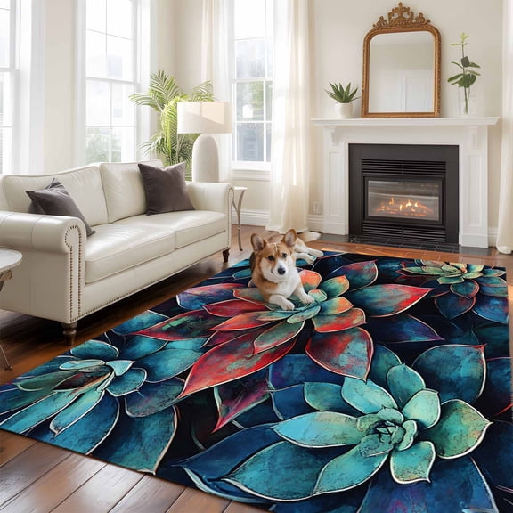 5'x8' Area Rugs, Teal Red Ombre Indoor Outdoor Area Rug for Living Room Bedroom, Abstract Art Botanical Washable Bathroom Rugs Kitchen Floor Carpet Mats Home Decor Aesthetic