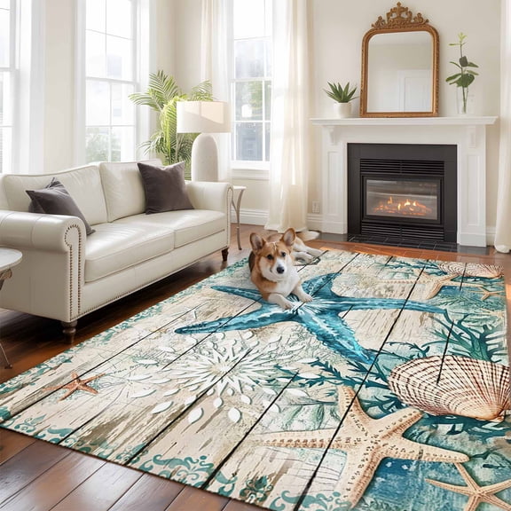 5'x8' Area Rugs, Teal Starfish Coastal Indoor Outdoor Area Rug for Living Room Bedroom, Summer Beach Nautical Retro Washable Bathroom Rugs Kitchen Floor Carpet Mats Home Decor Aesthetic