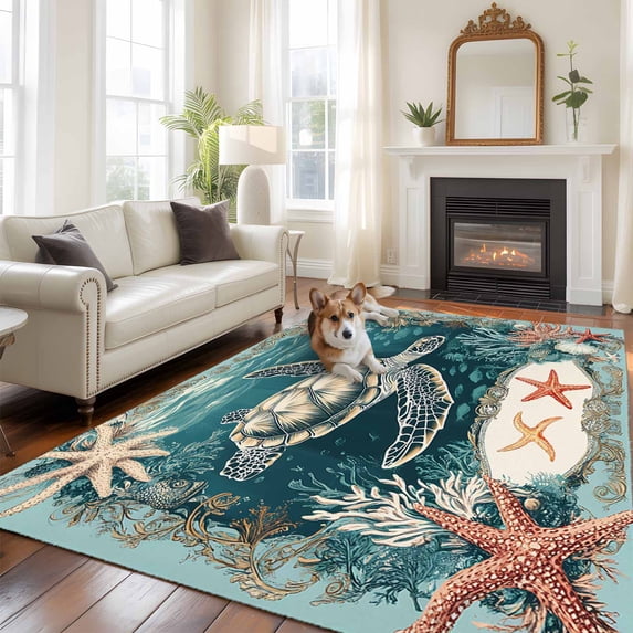 5'x8' Area Rugs, Teal Turtle Coastal Indoor Outdoor Area Rug for Living Room Bedroom, Summer Beach Nautical Starfish Washable Bathroom Rugs Kitchen Floor Carpet Mats Home Decor Aesthetic