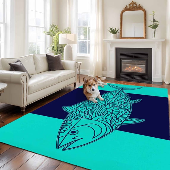 5'x8' Area Rugs, Tropical Fish Indoor Outdoor Area Rug for Living Room Bedroom, Mandalas Boho Modern Green Abstract Stripe Washable Bathroom Rugs Kitchen Floor Carpet Mats Home Decor Aesthetic