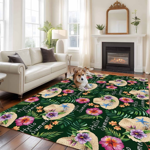 5'x8' Area Rugs, Tropical Flower Indoor Outdoor Area Rug for Living Room Bedroom, Green Palm Plants Straw Hat Watercolor Washable Bathroom Rugs Kitchen Floor Carpet Mats Home Decor Aesthetic