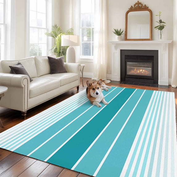 5'x8' Area Rugs, Turquoise Ombre Stripe Indoor Outdoor Area Rug for Living Room Bedroom, Farmhouse Striped Gradient Washable Bathroom Rugs Kitchen Floor Carpet Mats Home Decor Aesthetic