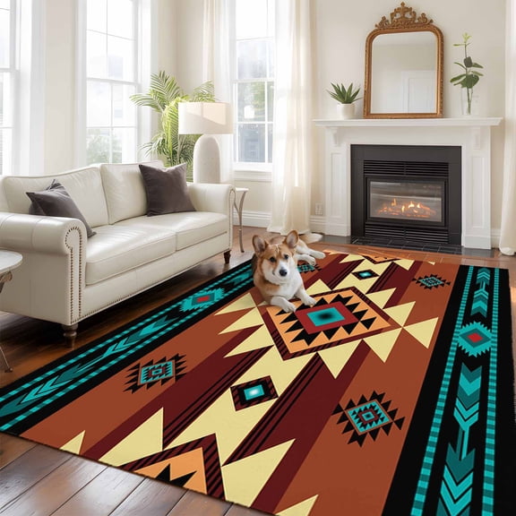 5'x8' Area Rugs, Turquoise Red Indoor Outdoor Area Rug for Living Room Bedroom, Southwest American Native Abstract Pattern Washable Bathroom Rugs Kitchen Floor Carpet Mats Home Decor Aesthetic