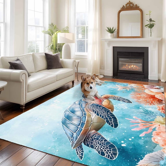5'x8' Area Rugs, Turtle Indoor Outdoor Area Rug for Living Room Bedroom, Coastal Blue Ocean Sea Coral Starfish Shell Washable Bathroom Rugs Kitchen Floor Carpet Mats Home Decor Aesthetic