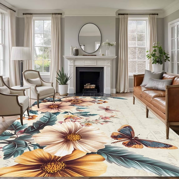 5'x8' Area Rugs, Vintage Floral Spring Indoor Outdoor Area Rug for Living Room Bedroom, Butterfly Summer Botanical Washable Bathroom Rugs Kitchen Floor Carpet Mats Home Decor Aesthetic