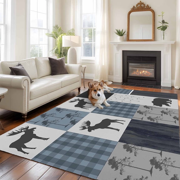 5'x8' Area Rugs, Vintage Plaid Indoor Outdoor Area Rug for Living Room Bedroom, Farmhouse Bear Deer Trees Forest Checked Washable Bathroom Rugs Kitchen Floor Carpet Mats Home Decor Aesthetic