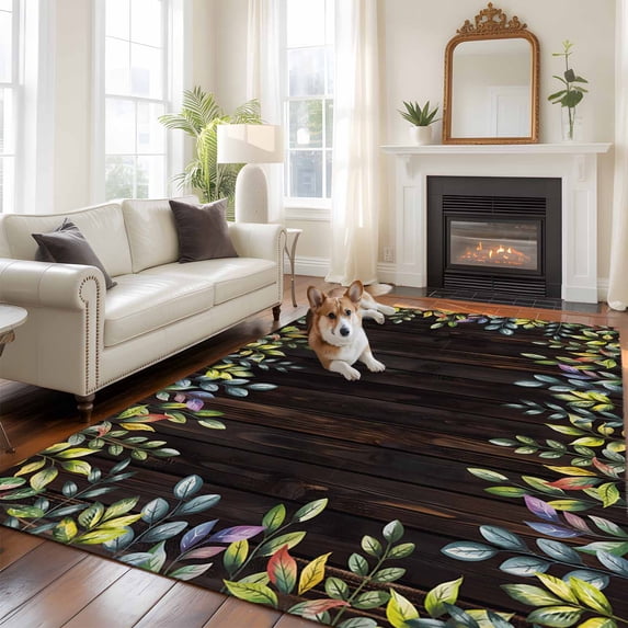 5'x8' Area Rugs, Watercolor Leaf Indoor Outdoor Area Rug for Living Room Bedroom, Pastoral Summer Botanical Wooden Brown Washable Bathroom Rugs Kitchen Floor Carpet Mats Home Decor Aesthetic