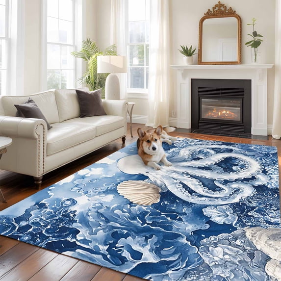 5'x8' Area Rugs, White Blue Octopus Coastal Indoor Outdoor Area Rug for Living Room Bedroom, Summer Beach Shell Coral Washable Bathroom Rugs Kitchen Floor Carpet Mats Home Decor Aesthetic