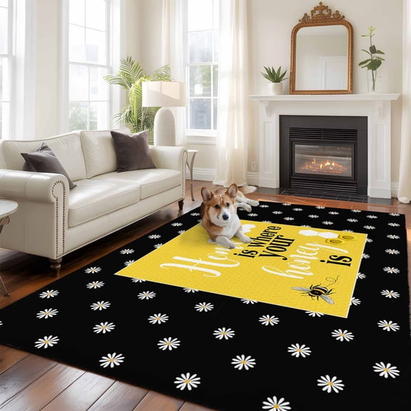 5'x8' Area Rugs, Yellow Bees Indoor Outdoor Area Rug for Living Room Bedroom, Spring Summer Watercolor Honey Textured Washable Bathroom Rugs Kitchen Floor Carpet Mats Home Decor Aesthetic