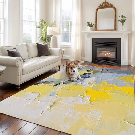 5'x8' Area Rugs, Yellow Blue Indoor Outdoor Area Rug for Living Room Bedroom, Modern Abstract Oil Painting Art Washable Bathroom Rugs Kitchen Floor Carpet Mats Home Decor Aesthetic