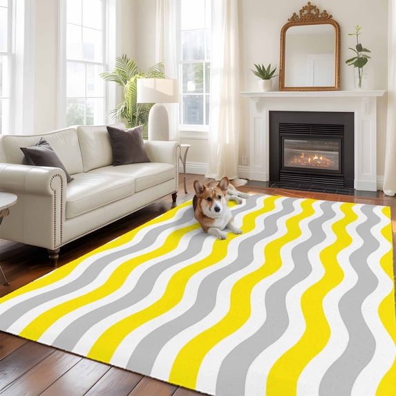 5'x8' Area Rugs, Yellow Grey White Indoor Outdoor Area Rug for Living Room Bedroom, Abstract Geometric Ocean Wave Stripe Washable Bathroom Rugs Kitchen Floor Carpet Mats Home Decor Aesthetic
