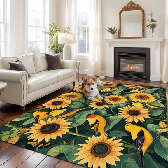 5'x8' Area Rugs, Yellow Sunflower Birds Indoor Outdoor Area Rug for Living Room Bedroom, Spring Leaves Retro Country Washable Bathroom Rugs Kitchen Floor Carpet Mats Home Decor Aesthetic