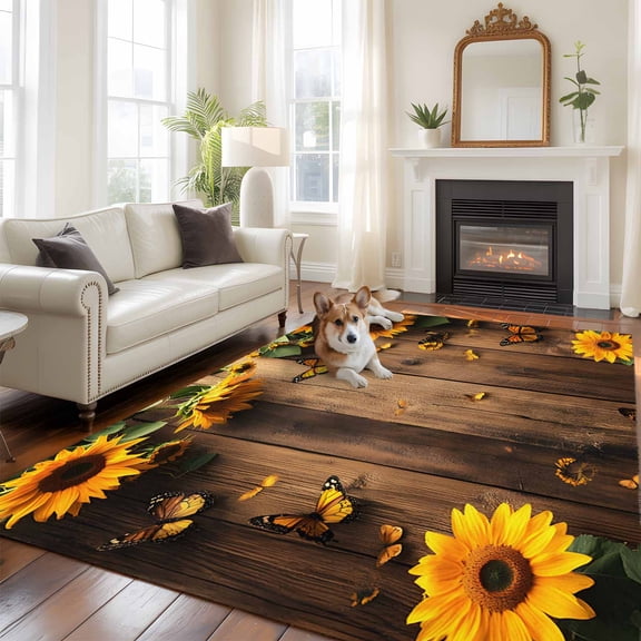 5'x8' Area Rugs, Yellow Sunflower Butterfly Indoor Outdoor Area Rug for Living Room Bedroom, Retro Wood Grain Farmhouse Washable Bathroom Rugs Kitchen Floor Carpet Mats Home Decor Aesthetic