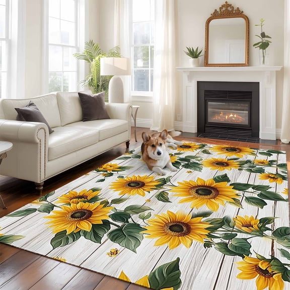 5'x8' Area Rugs, Yellow Sunflowers Indoor Outdoor Area Rug for Living Room Bedroom, Country Botanical Floral Wooden Grain Washable Bathroom Rugs Kitchen Floor Carpet Mats Home Decor Aesthetic