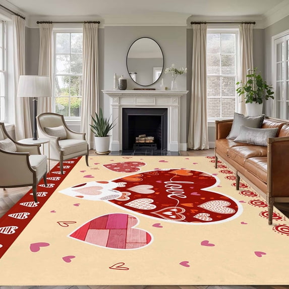 5'x8' Area Rugs, Yellow Valentines Day Indoor Outdoor Area Rug for Living Room Bedroom, Love Hearts Romantic Farmhouse Washable Bathroom Rugs Kitchen Floor Carpet Mats Home Decor Aesthetic