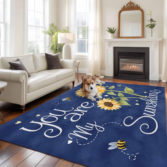 5'x8' Area Rugs, You Are My Sunshine Indoor Outdoor Area Rug for Living Room Bedroom, Yellow Sunflowers Cute Bees Heart Blue Washable Bathroom Rugs Kitchen Floor Carpet Mats Home Decor Aesthetic