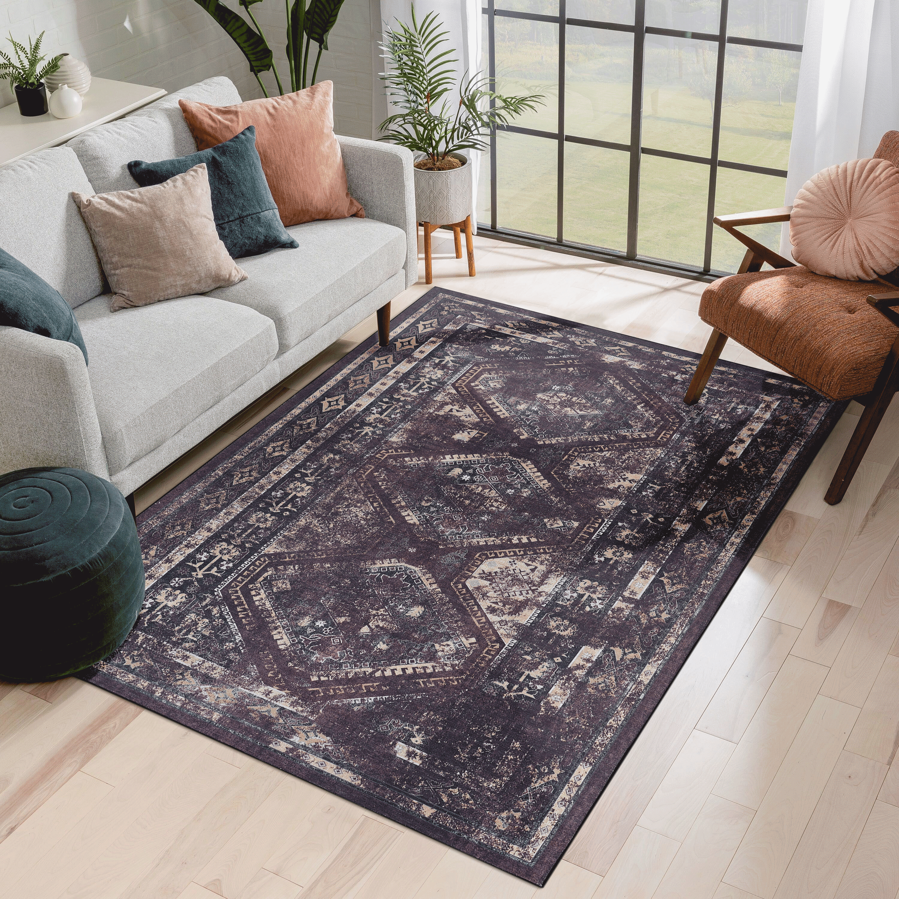 5'x8' Burgundy/Black Area Rug, Machine Washable Low-Pile Rug, Non-Slip Non-Shedding Foldable, Kid & Pet Friendly for Living Room Bedroom Kitchen