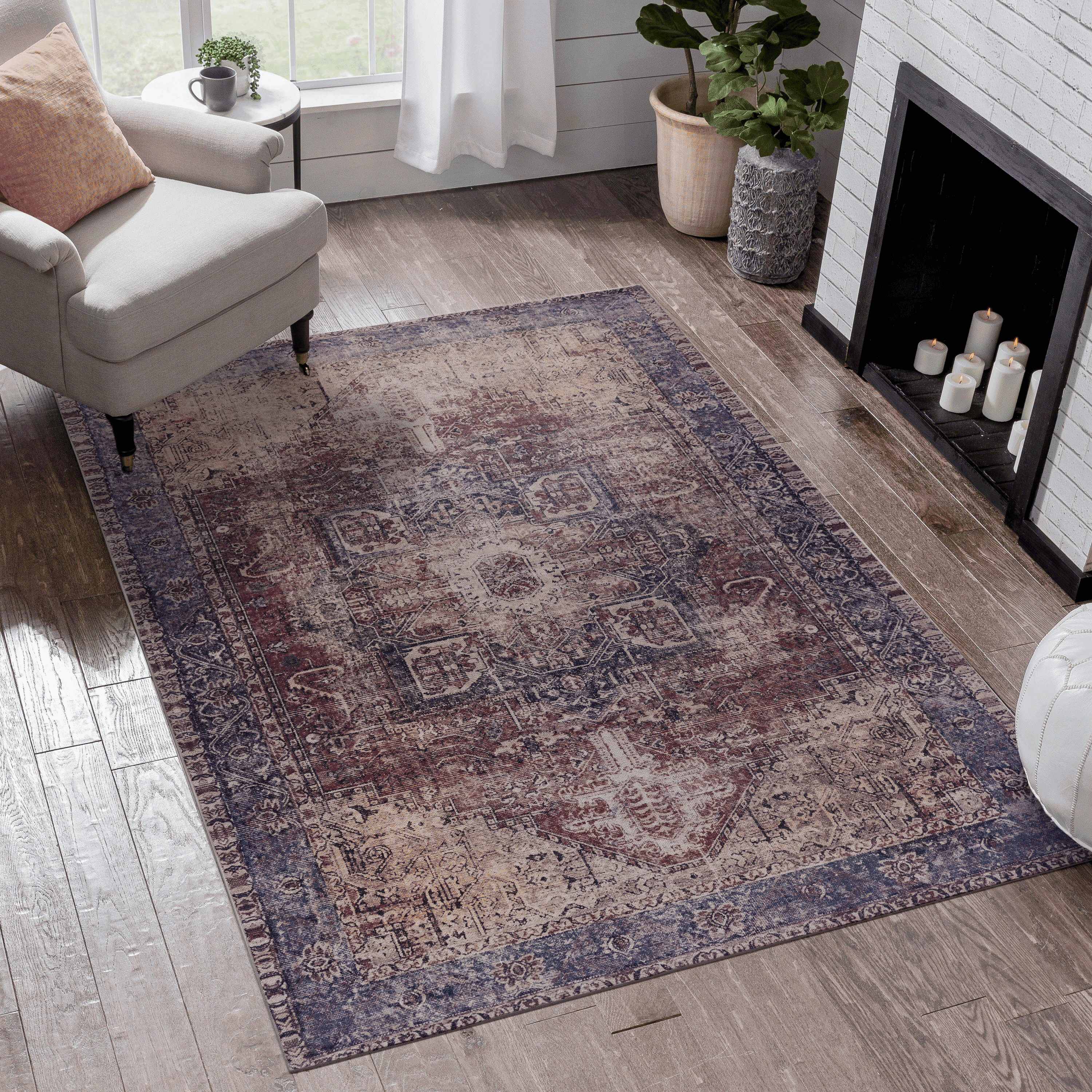 5'x8' Burgundy/Blue Area Rug, Machine Washable Low-Pile Rug, Non-Slip Non-Shedding Foldable, Kid & Pet Friendly for Living Room Bedroom Kitchen