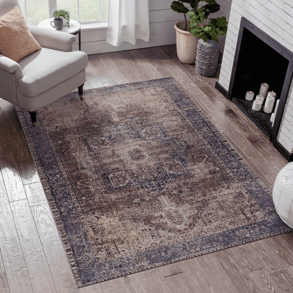 5'x8' Burgundy/Blue Area Rug, Machine Washable Low-Pile Rug, Non-Slip Non-Shedding Foldable, Kid & Pet Friendly for Living Room Bedroom Kitchen