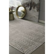 5x8 Ivory Grey Machine Woven Geometric Lines Indoor Area Rug