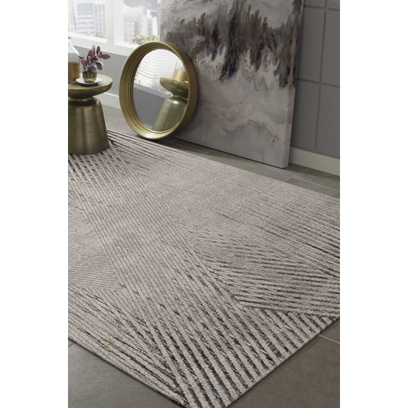 5'x8' Ivory Grey Machine Woven Geometric Lines Indoor Area Rug