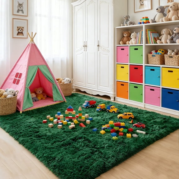 Area Rugs for Living Room Bedroom, 5'x8' Soft Fluffy Shag Indoor Floor Carpet for Living Room Bedroom Dining Room, Green