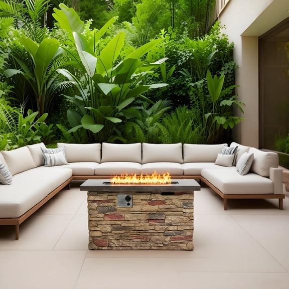 50,000 BTU Propane Fire Pit Table, Concrete Outdoor Fire Table with Zero Smoke Technology for Family Gatherings on Patio, Deck, or Backyard - Adjustable Flame Control & Durable Beige Multi Design
