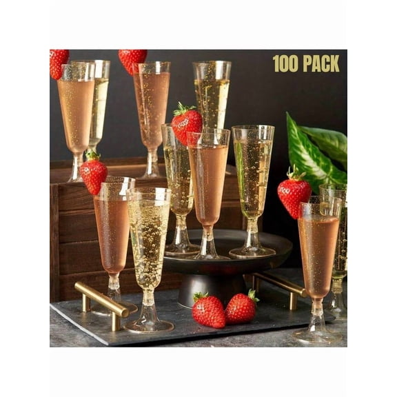 50 / 100 Pack Premium Plastic Champagne Flutes 5oz, Gold Glitter Reusable Champagne Glasses For Cocktails, Mimosa, Wine, Dessert, Party, Wedding, Toasting (2.36" Wide X 6.3" Tall)