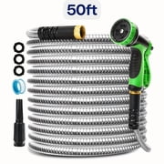 50/100FT Feet Stainless Steel Garden Water Hose with 3 Fittings & 10-Function Nozzle, Flexible, Kink-Free & Puncture Resistant Metal Hose for Patio and Outdoor Use