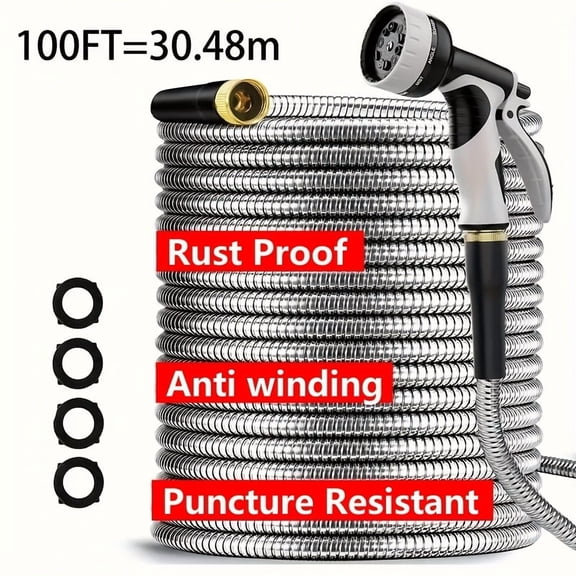 50/100FT Heavy-Duty Stainless Steel Garden Hose - Ultra-Flexible & Kink-Free with 10 Nozzles | Puncture/Rust Resistant, Tangle-Free Storage for Easy Yard Watering