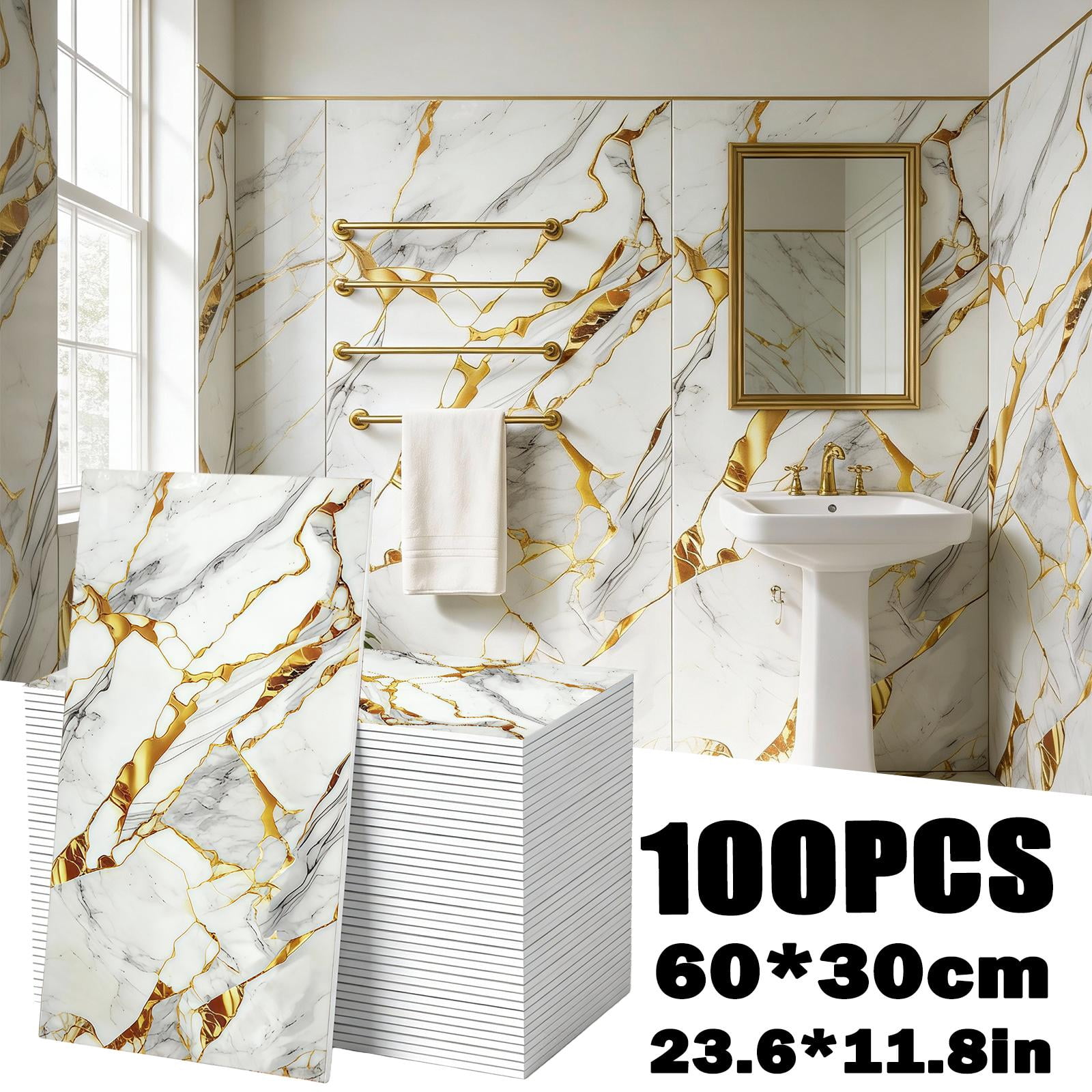 50/100Pcs Gold Plated Marble Wall Stickers, 11.8x23.6In Self Adhesive ...