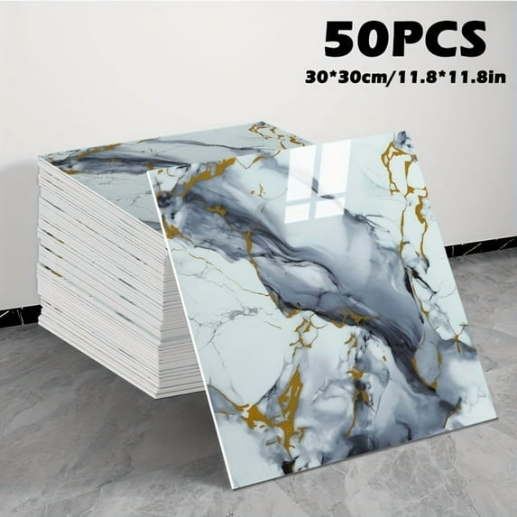 50/100Pcs Peel and Stick Adhesive Shower Tiles, Waterproof PVC Marble-Style Vinyl Wall Panels for Bathroom Kitchen Living Room TV Background Wall Decor