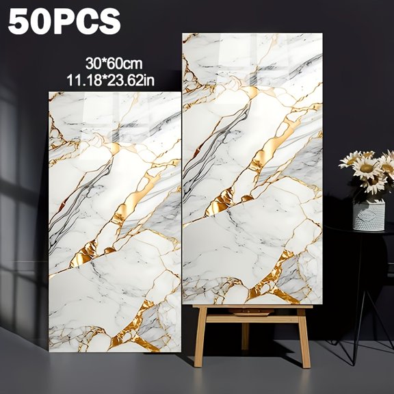 50/100pcs Bohemian Style Self-Adhesive Foam Marble Wall Stickers, Peel-and-Stick Tile Decals for Bathroom, Kitchen, Office & Hanging Decoration