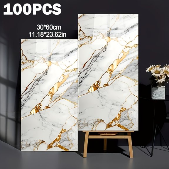 50/100pcs Bohemian Style Self-Adhesive Foam Marble Wall Stickers, Peel-and-Stick Tile Decals for Bathroom, Kitchen, Office & Hanging Decoration