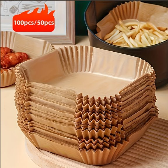 50/100pcs Square Parchment Paper Liners for Air Fryer, Oven & Steamer - Disposable Non-Stick Food Safe Baking Mats with Perforated Design for Easy Cleanup, Beige, Air Fryer Liners