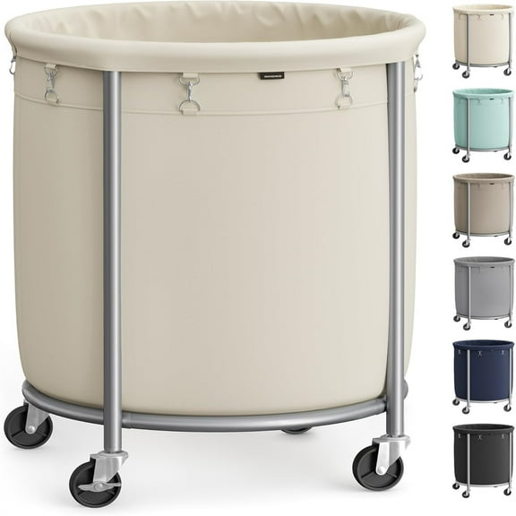 50.2-Gallon (190 L) Laundry Basket with Wheels, Rolling Round Heavy-Duty Laundry Hamper Cart with Steel Frame and Removable Bag, 2 Locking Wheels, Cream White and Metallic Silver