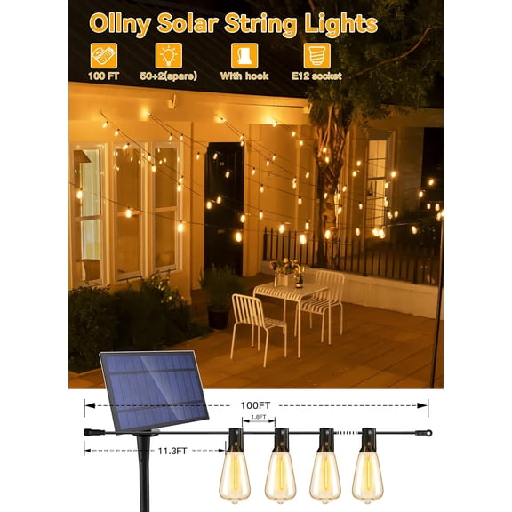 50+2 LEDs ST38 Solar String Lights, 100 FT USB & Solar Dual Charging Outdoor String Lights, 3 Modes 5 Timers 10 Brightness 2200K Waterproof Patio Lights for Porch Garden Market Bistro Camping
