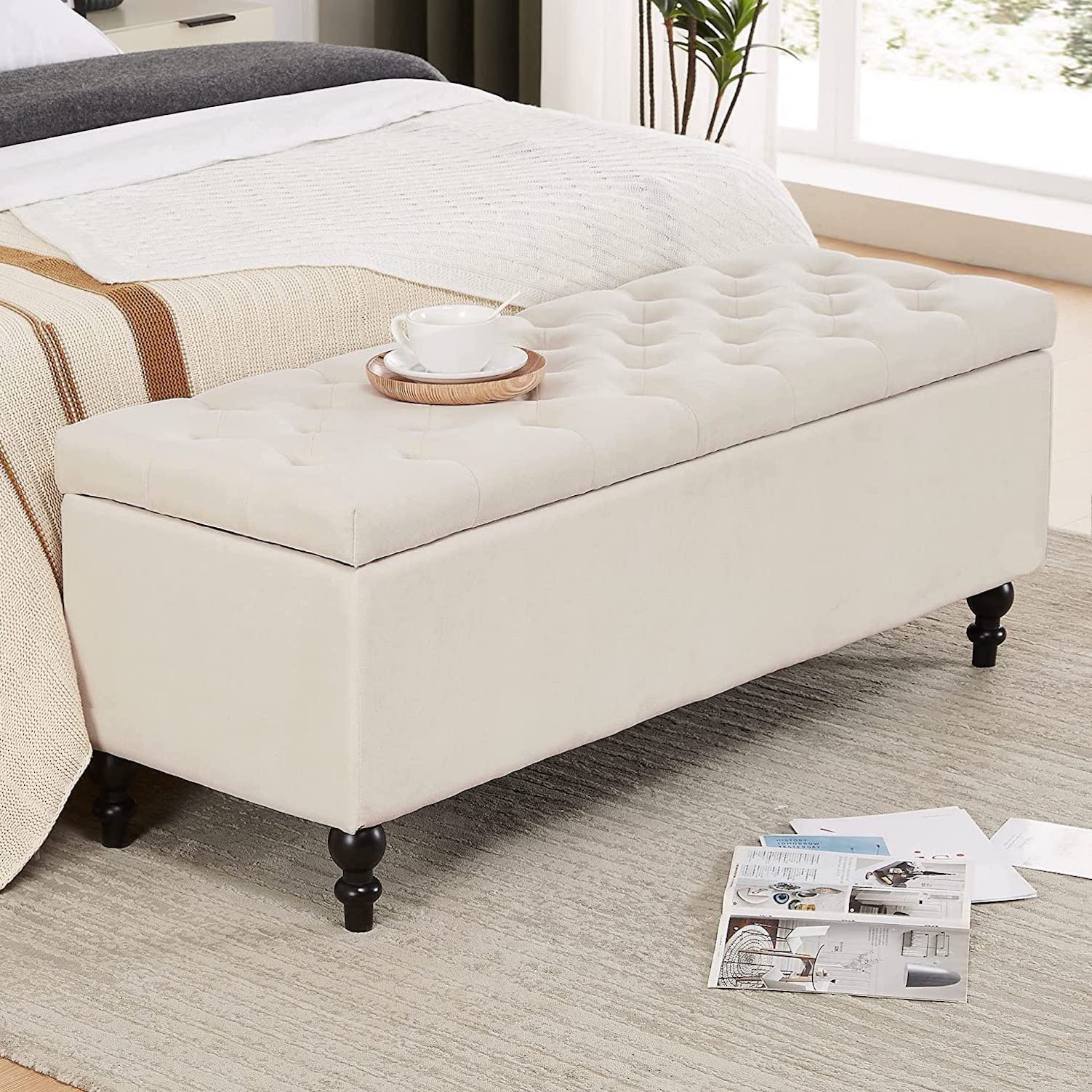 51" Large Tufted Linen Fabric Ottoman Storage Bench With Soft