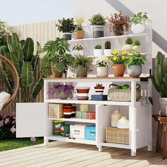 50.2" Potting Bench with Hutch, Rustic Solid Fir Wood Garden Workstation, Large Countertop and 2 Cabinets for Outdoor Planting, White