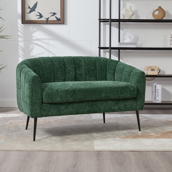 50.2'' Wide Upholstered Chenille Mini Loveseat Accent Couch, Modern Glam Small Settee with Metal Legs, Channel Tufted 2-Seater Sofa for Living Rooms Bedrooms Dorm Studio Office Small Spaces, Ivory