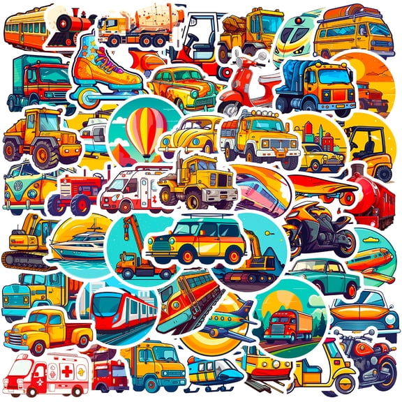 50-200 Pack Transportation Vehicles Stickers - Popular Cartoon Cars, Trucks, and More, Waterproof Stickers for Kids