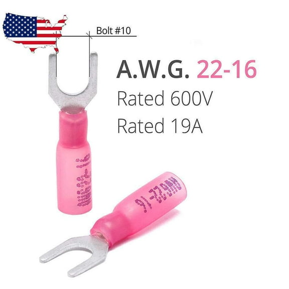 (50) 22-18 AWG #10 RED HEAT SHRINK FORK SPADE TERMINAL ELECTRICAL CONNECTOR