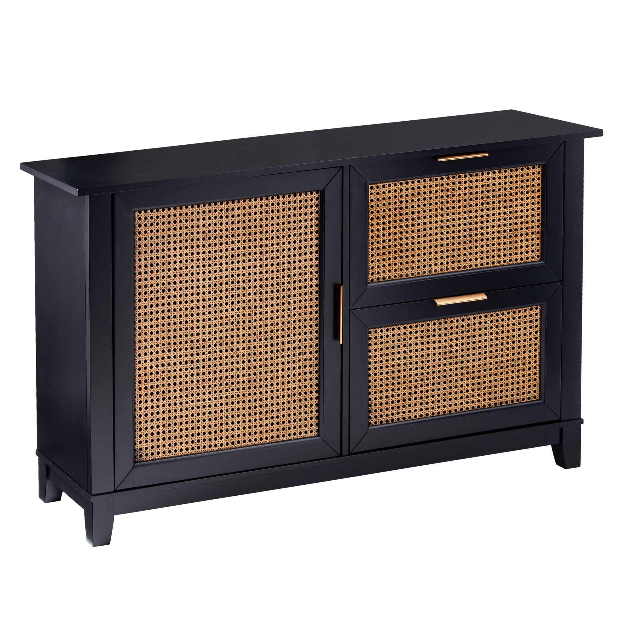 Black and Natural Rattan Adjustable Storage Cabinet with Brass Hardware