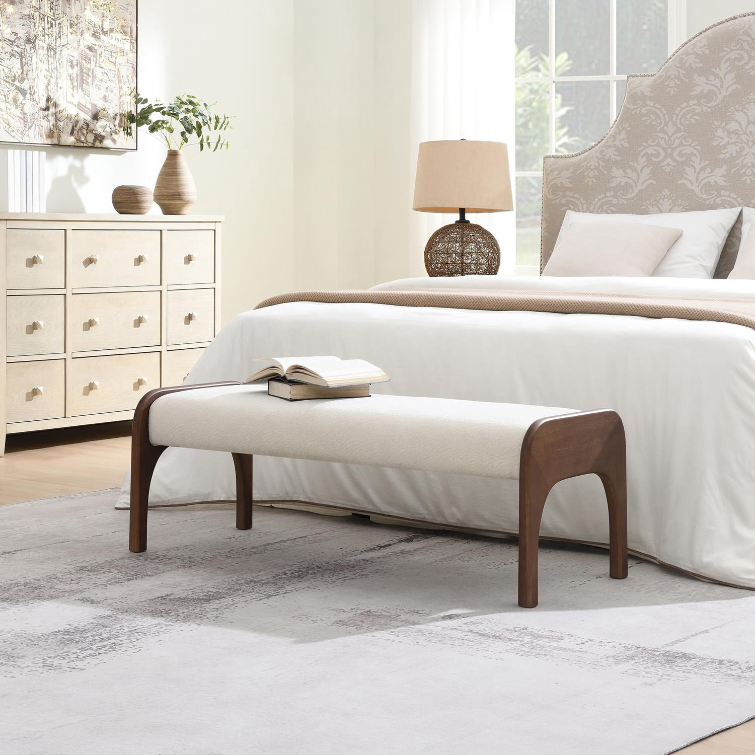 50.25 Inch Upholstered Long Bench, Modern Dining Bench with Soft Chenille Fabric and Rubber Wood Legs, 6 Inch Thick Padded Seat for Kitchen Table Bedroom Entryway, Beige