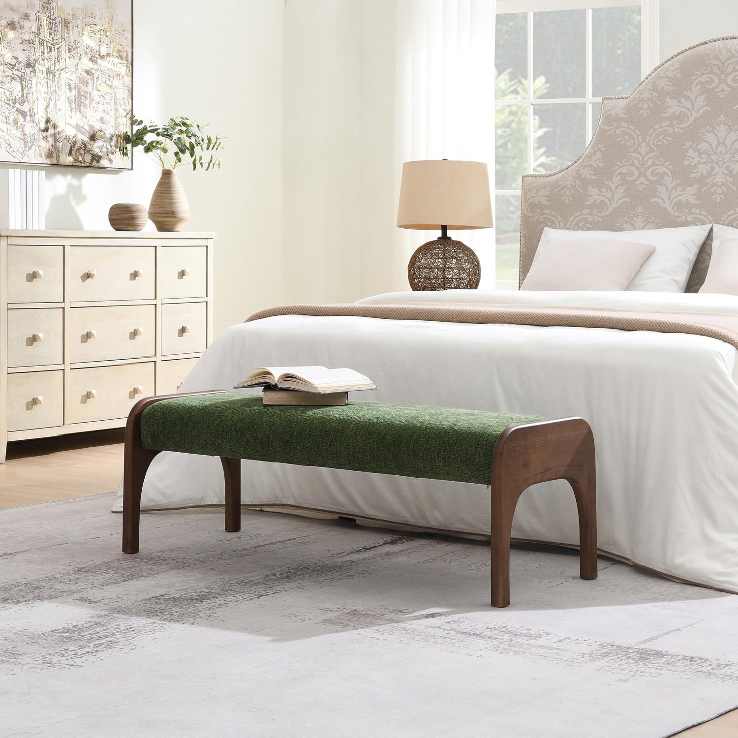 50.25 Inch Upholstered Long Bench, Modern Dining Bench with Soft Chenille Fabric and Rubber Wood Legs, 6 Inch Thick Padded Seat for Kitchen Table Bedroom Entryway, Green