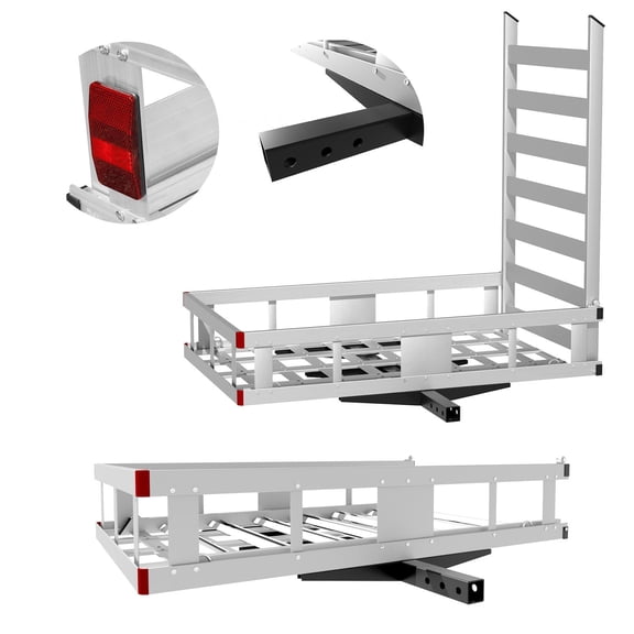 50 29.5 9 in Outdoor Camping Mobility Cargo Hauler, 500 LBS Aluminum Hitch Rack, 41.5 in Foldable Ramp, Bolt-Together Assembly, Reflective Strips, Anti-Rust, Lightweight, for Camping Gear Travel